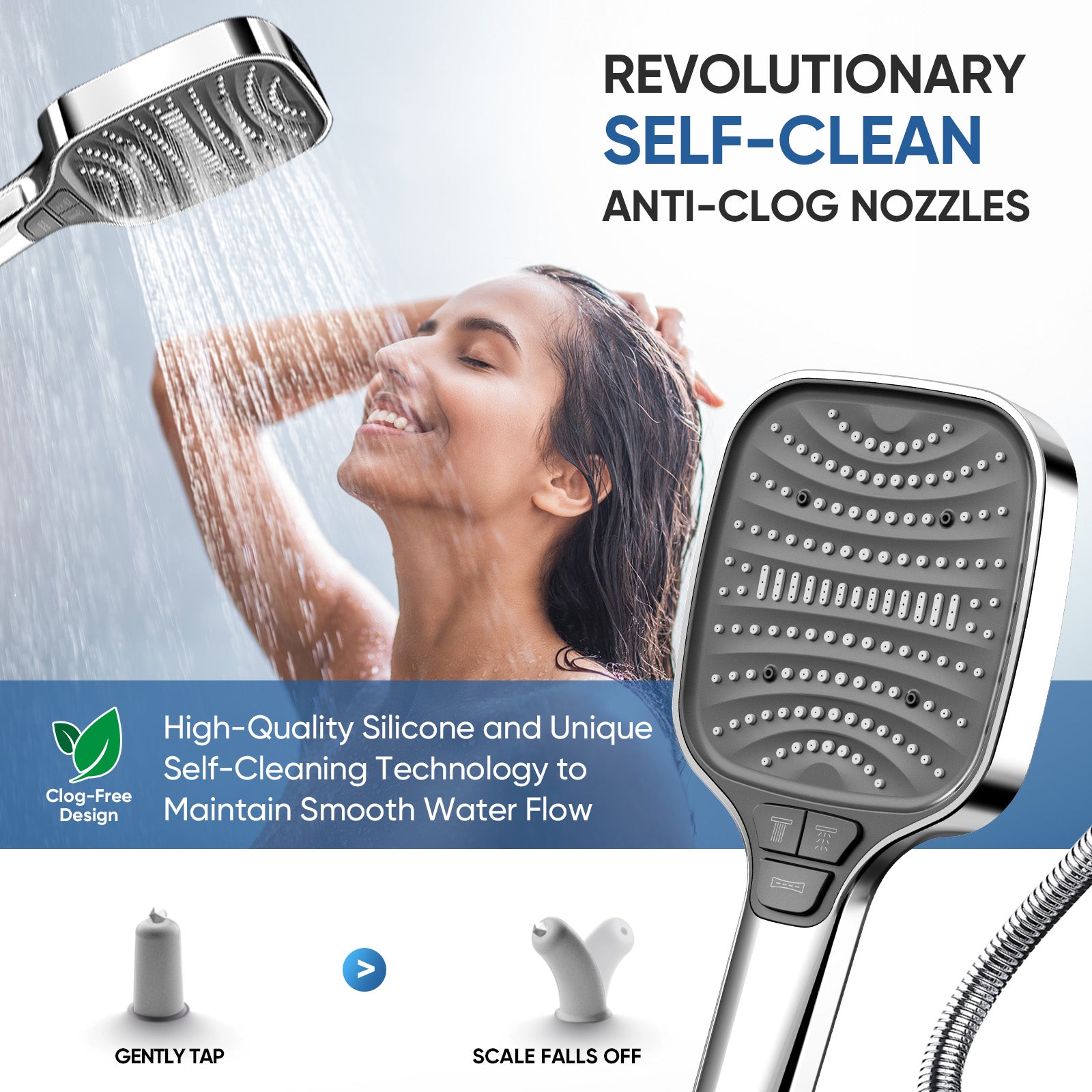ENRUNEST Shower Head,8 Modes High Pressure Shower Head with Handheld,ABS Plastic Material,Anti-clog Nozzles,Built-in Power Wash to Clean Tub,Tile & Pets,59″ SUS 304 Hose & Thickened Bracket,Chrome