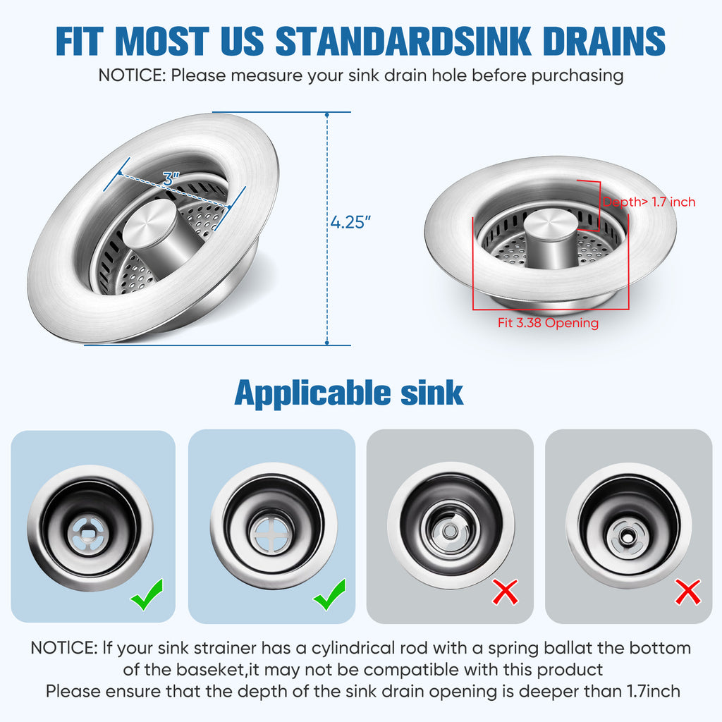 ENRUNEST Upgraded 3 in 1 Kitchen Sink Drain Strainer & Kitchen Sink Stopper,Stainless Steel Basket,Anti-Clogging,100% Rust-Proof,High Durability with Brass Core,Fit 3-1/2",Chrome
