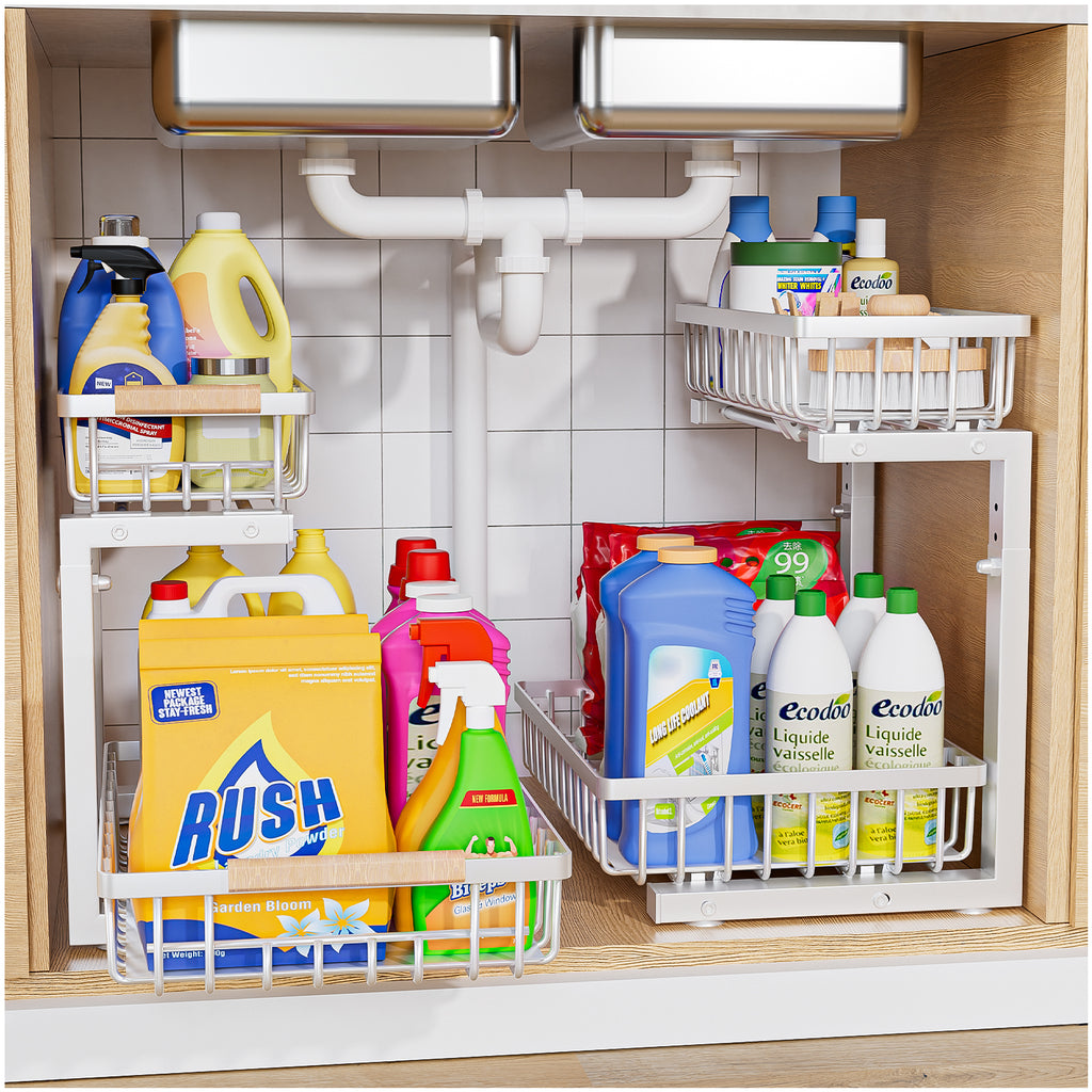 ENRUNEST Under Sink Organizer,2 Pack Under Kitchen Sink Organizer,2 Tier Sliding-Out,5 Level Height Adjustable,Thickened Carbon Steel,Anti-rust Treatment,For Kitchen Bathroom White