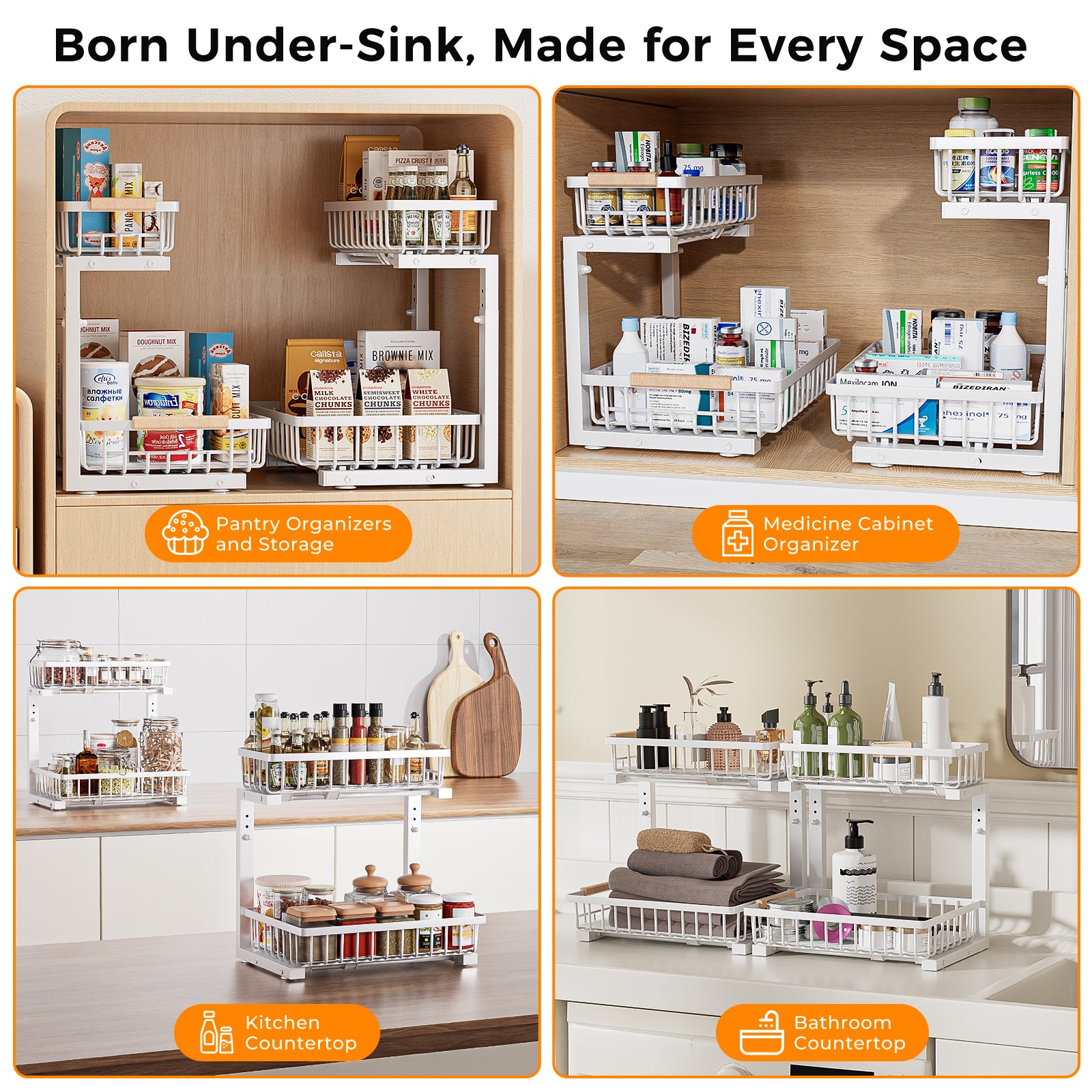 ENRUNEST Under Sink Organizer,2 Pack Under Kitchen Sink Organizer,2 Tier Sliding-Out,5 Level Height Adjustable,Thickened Carbon Steel,Anti-rust Treatment,For Kitchen Bathroom White