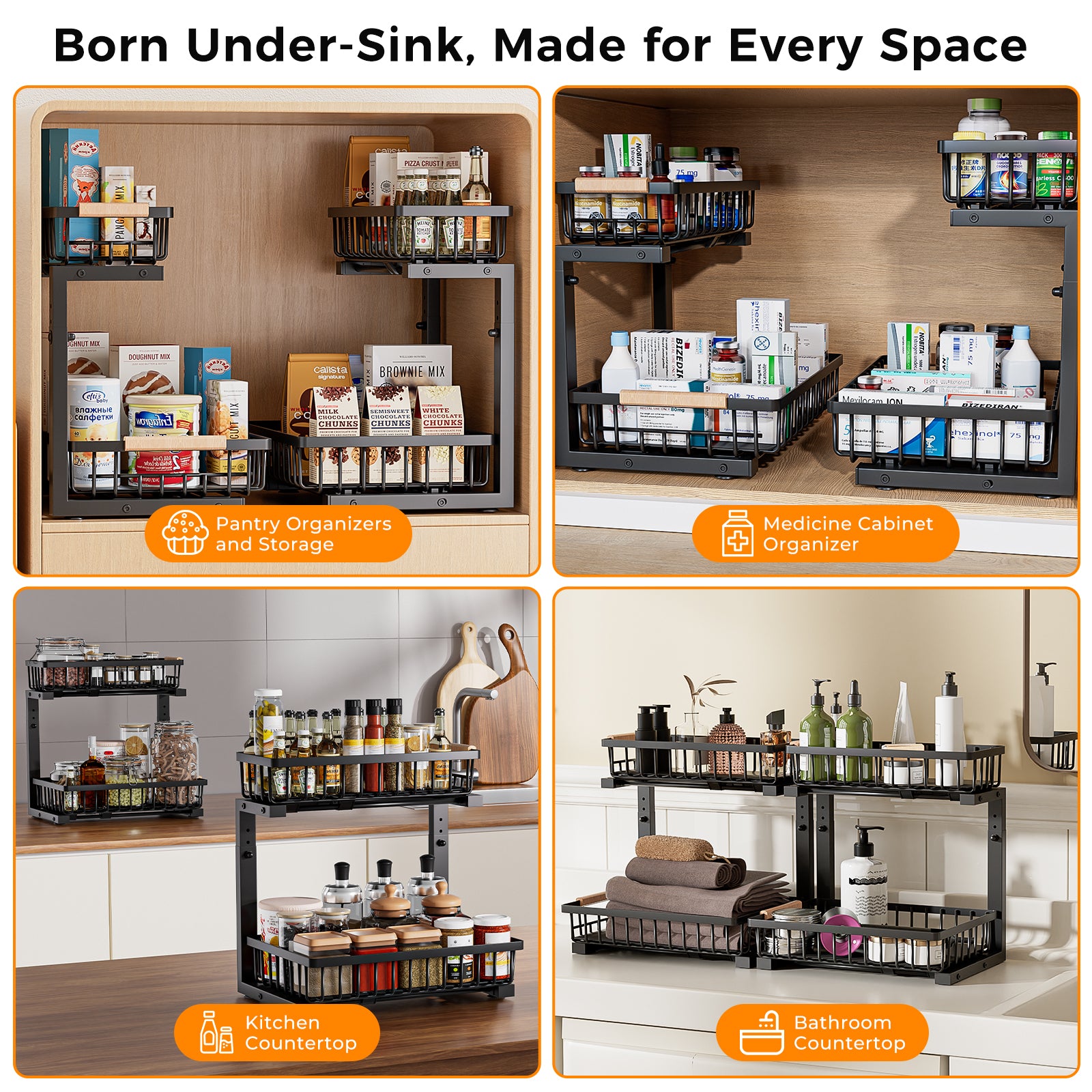 ENRUNEST Under Sink Organizer,2 Pack Under Kitchen Sink Organizer,2 Tier Sliding-Out,5 Level Height Adjustable,Thickened Carbon Steel,Anti-rust Treatment,For Kitchen Bathroom Black