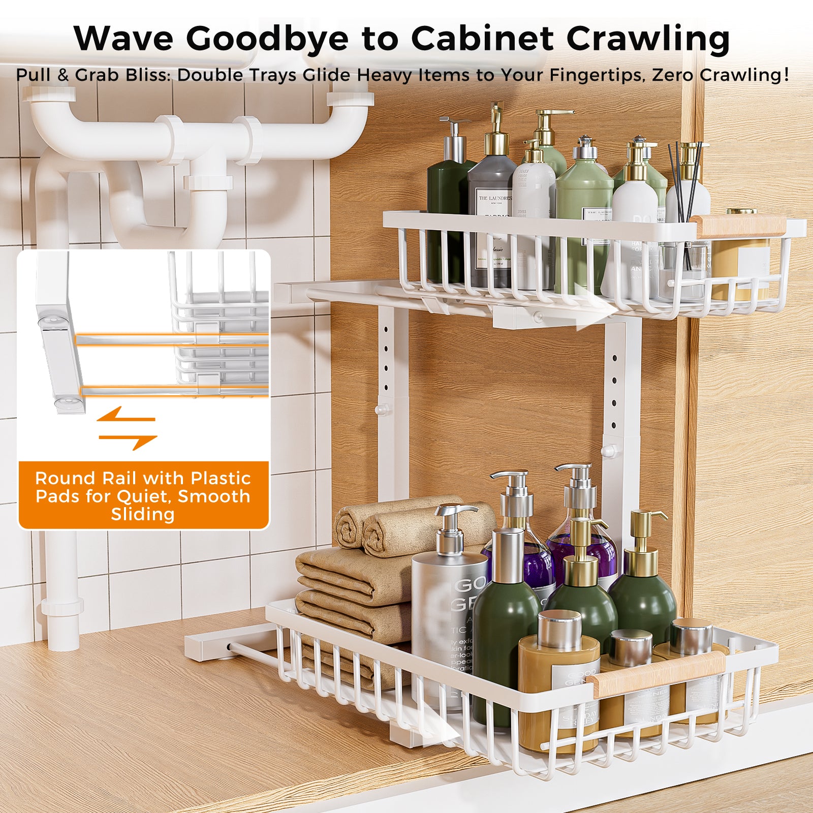 ENRUNEST Under Sink Organizer,2 Pack Under Kitchen Sink Organizer,2 Tier Sliding-Out,5 Level Height Adjustable,Thickened Carbon Steel,Anti-rust Treatment,For Kitchen Bathroom White