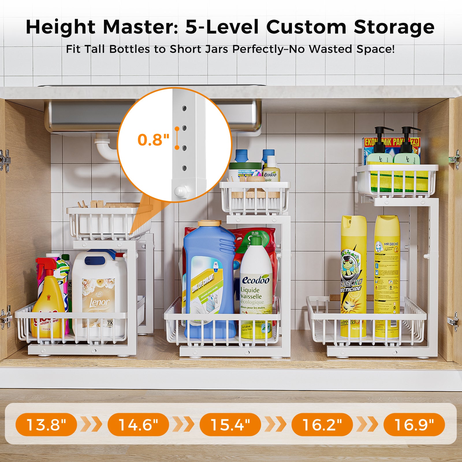 ENRUNEST Under Sink Organizer,2 Pack Under Kitchen Sink Organizer,2 Tier Sliding-Out,5 Level Height Adjustable,Thickened Carbon Steel,Anti-rust Treatment,For Kitchen Bathroom White