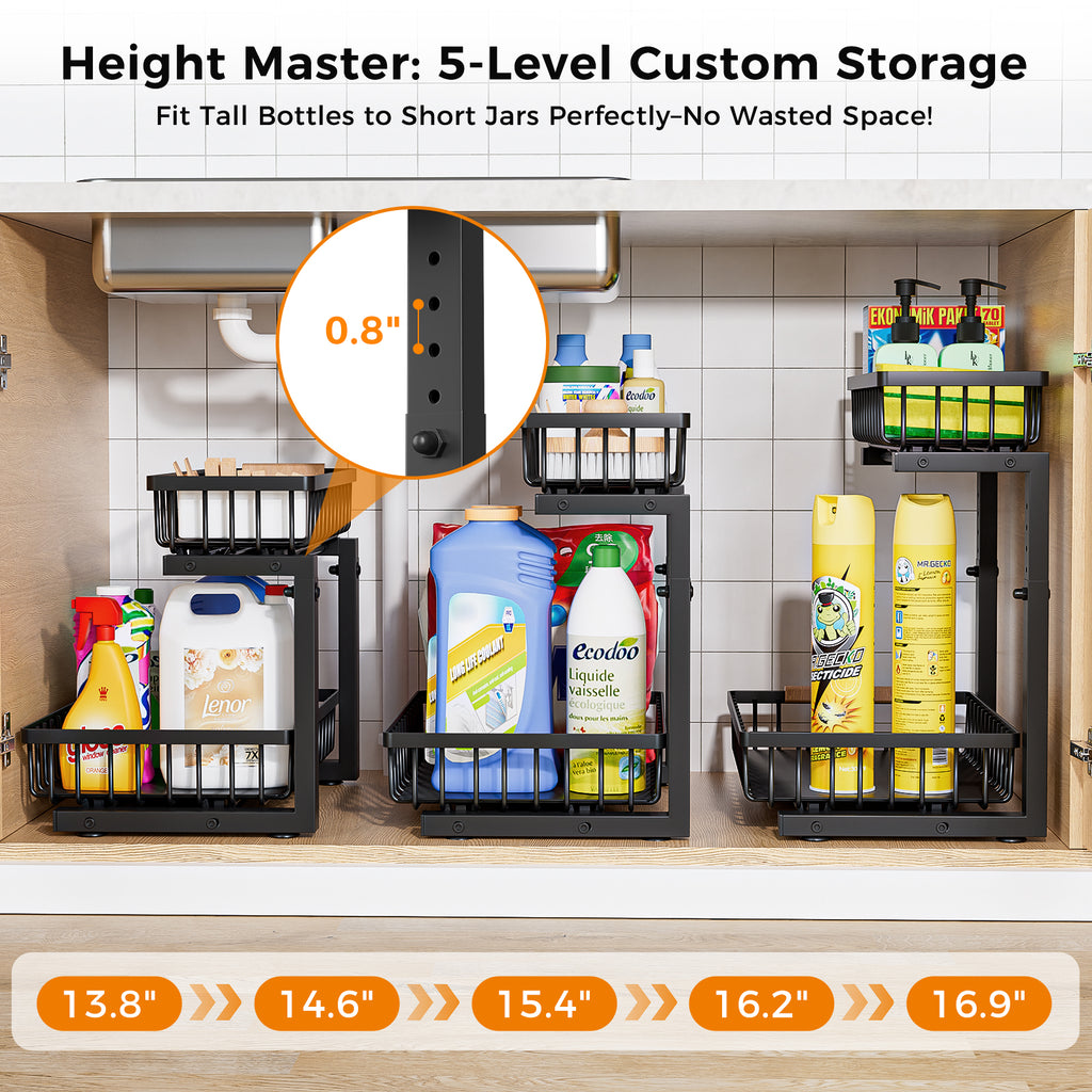 ENRUNEST Under Sink Organizer,2 Pack Under Kitchen Sink Organizer,2 Tier Sliding-Out,5 Level Height Adjustable,Thickened Carbon Steel,Anti-rust Treatment,For Kitchen Bathroom Black