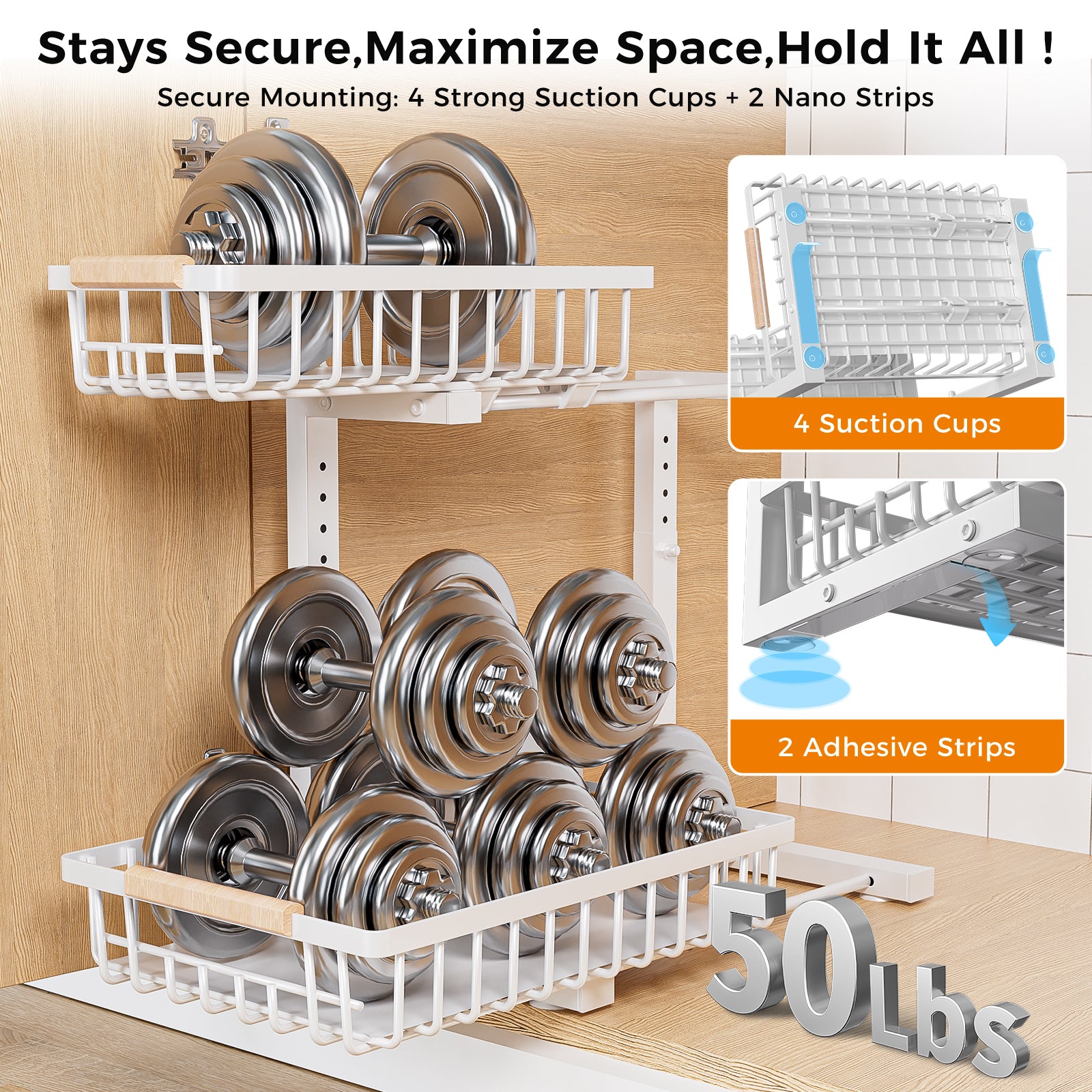 ENRUNEST Under Sink Organizer,2 Pack Under Kitchen Sink Organizer,2 Tier Sliding-Out,5 Level Height Adjustable,Thickened Carbon Steel,Anti-rust Treatment,For Kitchen Bathroom White