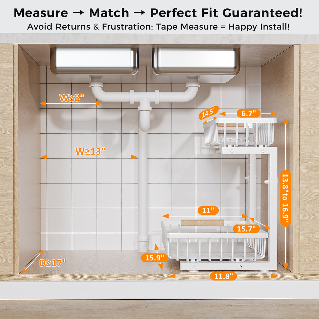 ENRUNEST Under Sink Organizer,2 Pack Under Kitchen Sink Organizer,2 Tier Sliding-Out,5 Level Height Adjustable,Thickened Carbon Steel,Anti-rust Treatment,For Kitchen Bathroom White