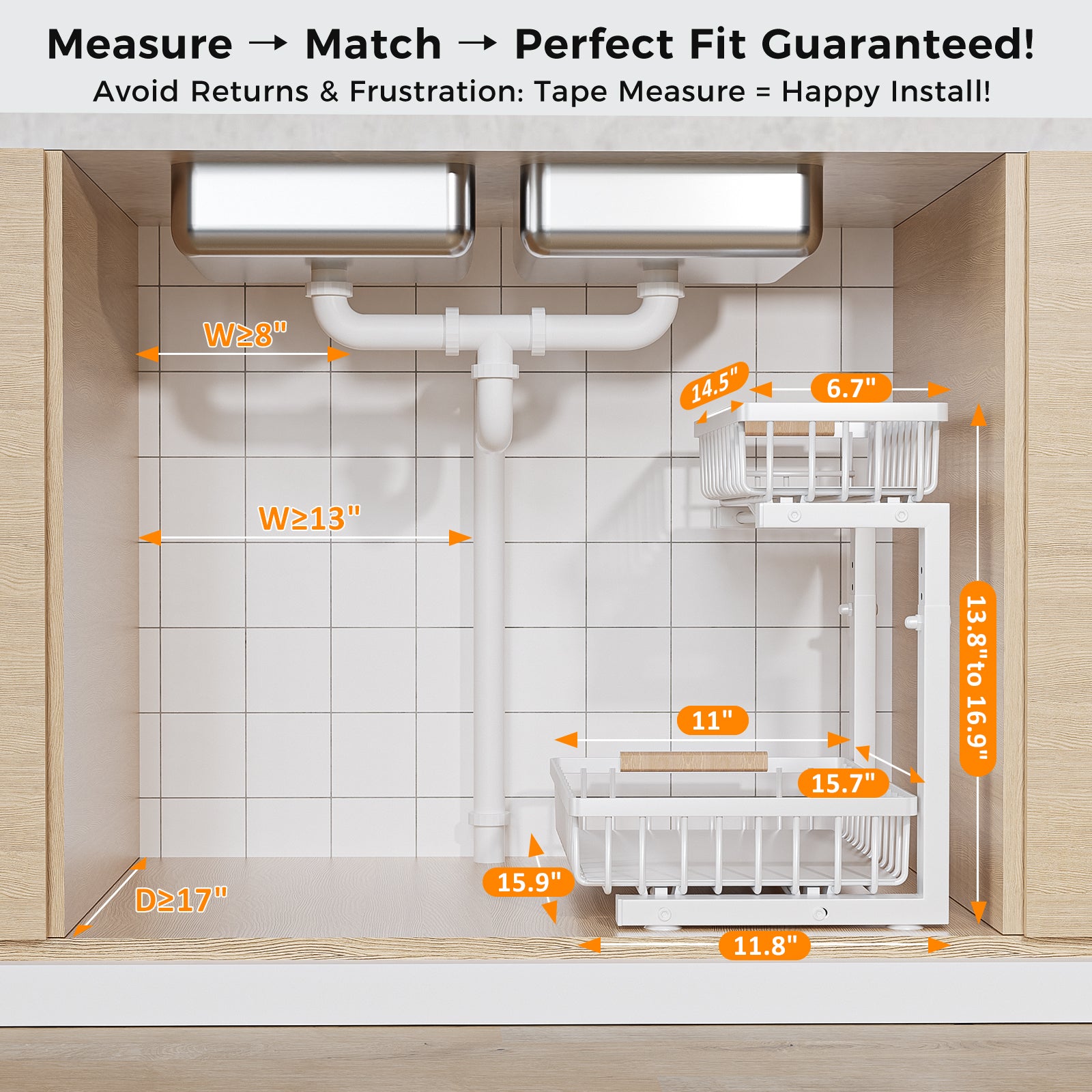 ENRUNEST Under Sink Organizer,2 Pack Under Kitchen Sink Organizer,2 Tier Sliding-Out,5 Level Height Adjustable,Thickened Carbon Steel,Anti-rust Treatment,For Kitchen Bathroom White