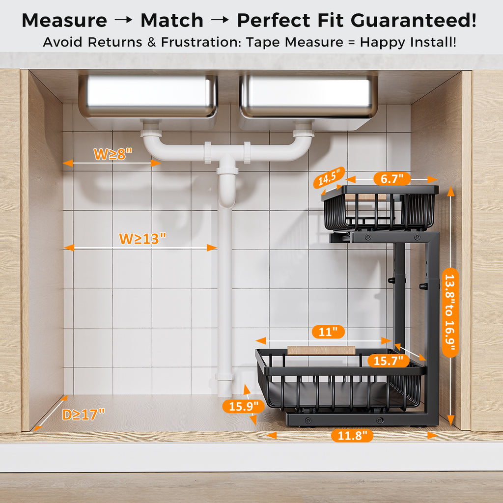 ENRUNEST Under Sink Organizer,2 Pack Under Kitchen Sink Organizer,2 Tier Sliding-Out,5 Level Height Adjustable,Thickened Carbon Steel,Anti-rust Treatment,For Kitchen Bathroom Black